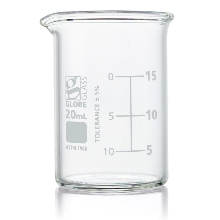 Beaker, Globe Glass, 20mL, Low Form Griffin Style, Dual Graduations, ASTM E960, 12/Box