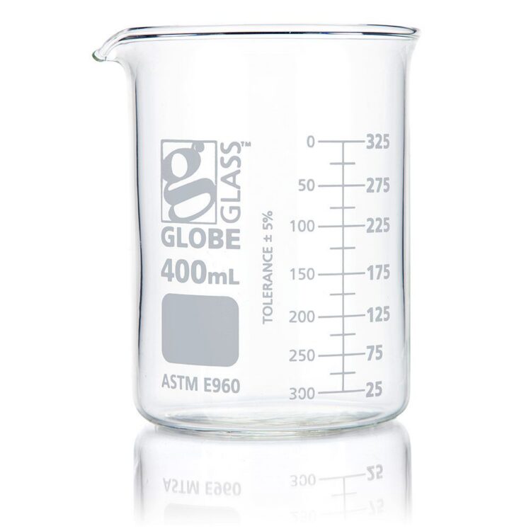 Beaker, Globe Glass, 400mL, Low Form Griffin Style, Dual Graduations, ASTM E960, 12/Box