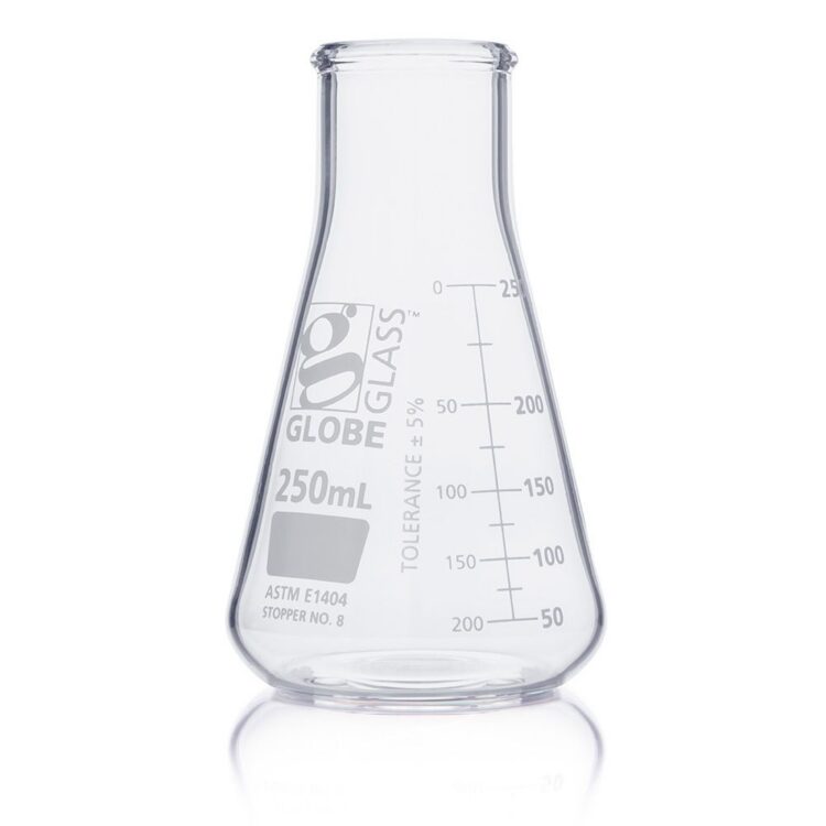 Flask, Erlenmeyer, Globe Glass, 250mL, Wide Mouth, Dual Graduations, ASTM E1404, 12/Box