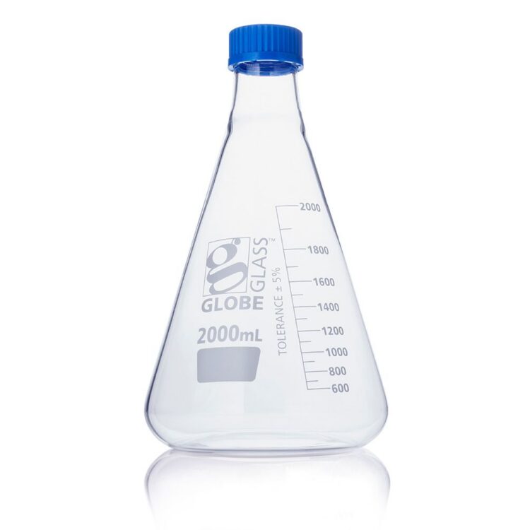 Flask, Erlenmeyer, Globe Glass, 2000mL, Screw Cap, Dual Graduations, ASTM E1404, 1/Box
