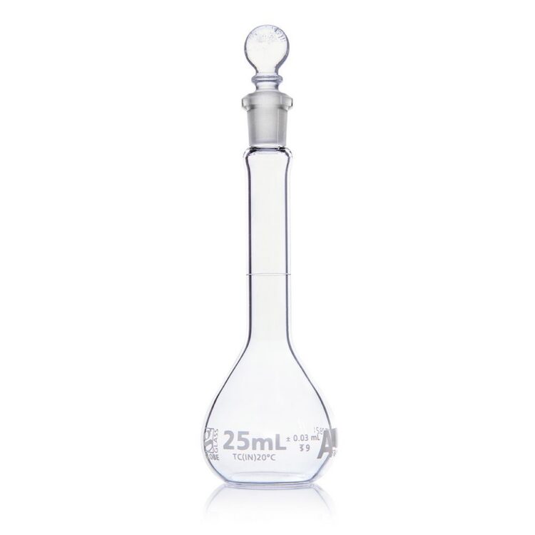 Flask, Volumetric , Globe Glass, 25mL, Class A, To Contain (TC), ASTM E288, 6/Box