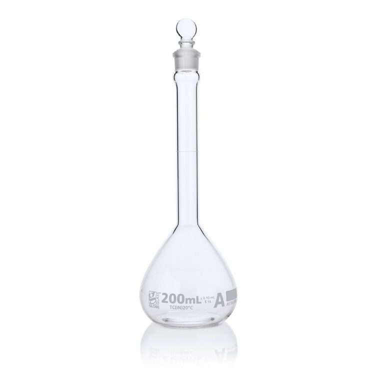 Flask, Volumetric , Globe Glass, 200mL, Class A, To Contain (TC), ASTM E288, 6/Box