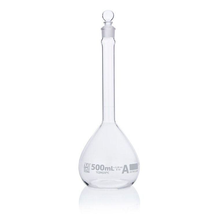 Flask, Volumetric , Globe Glass, 500mL, Class A, To Contain (TC), ASTM E288, 6/Box