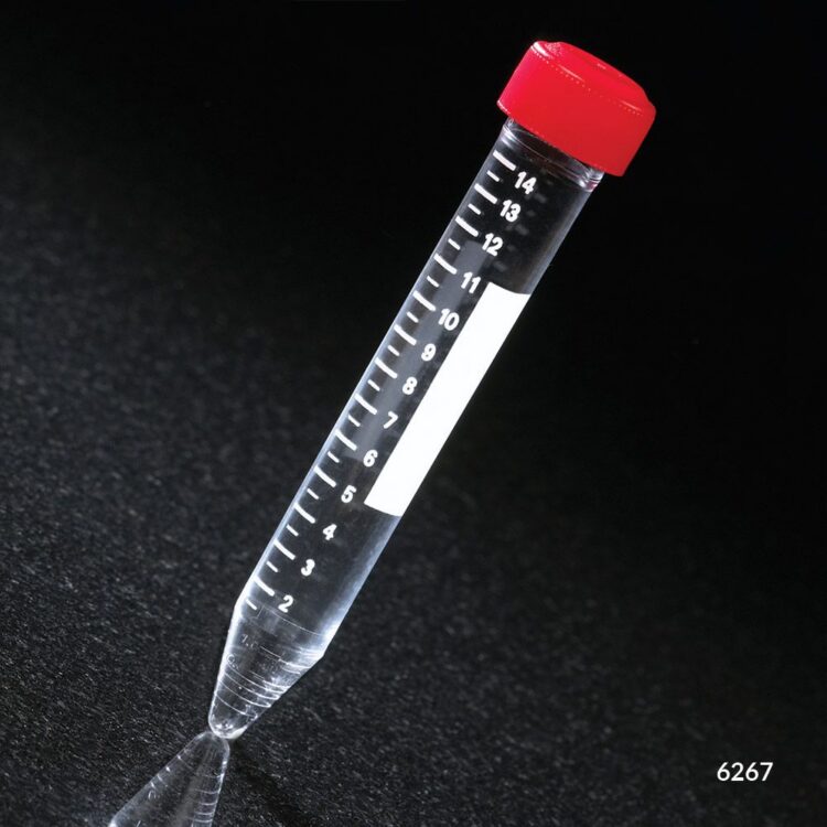 Centrifuge Tube, 15mL, Attached Red Screw Cap, PS, Printed Graduations, STERILE, 50/Rack, 10 Racks/Unit